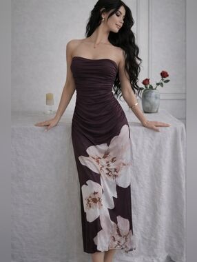 NWT Commense Strapless Chocolate Brown Floral Ruched Maxi Dress XS Pink Spring